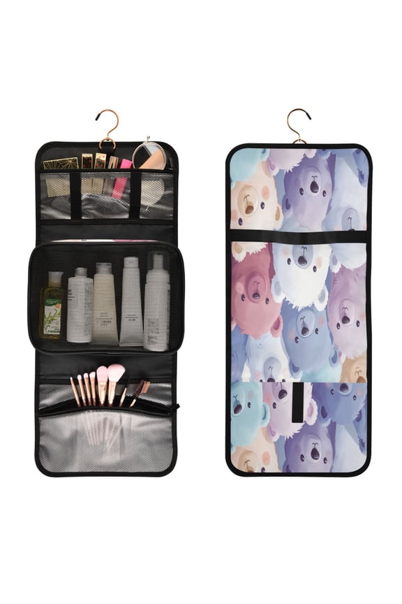 3-Piece Travel Toiletry Bag Set, Hanging Wash Bag with Makeup Bag & Brush Case,Waterproof Cosmetic Organizer for Travel, Gym & Home Colorful Cartoon Bears Pattern