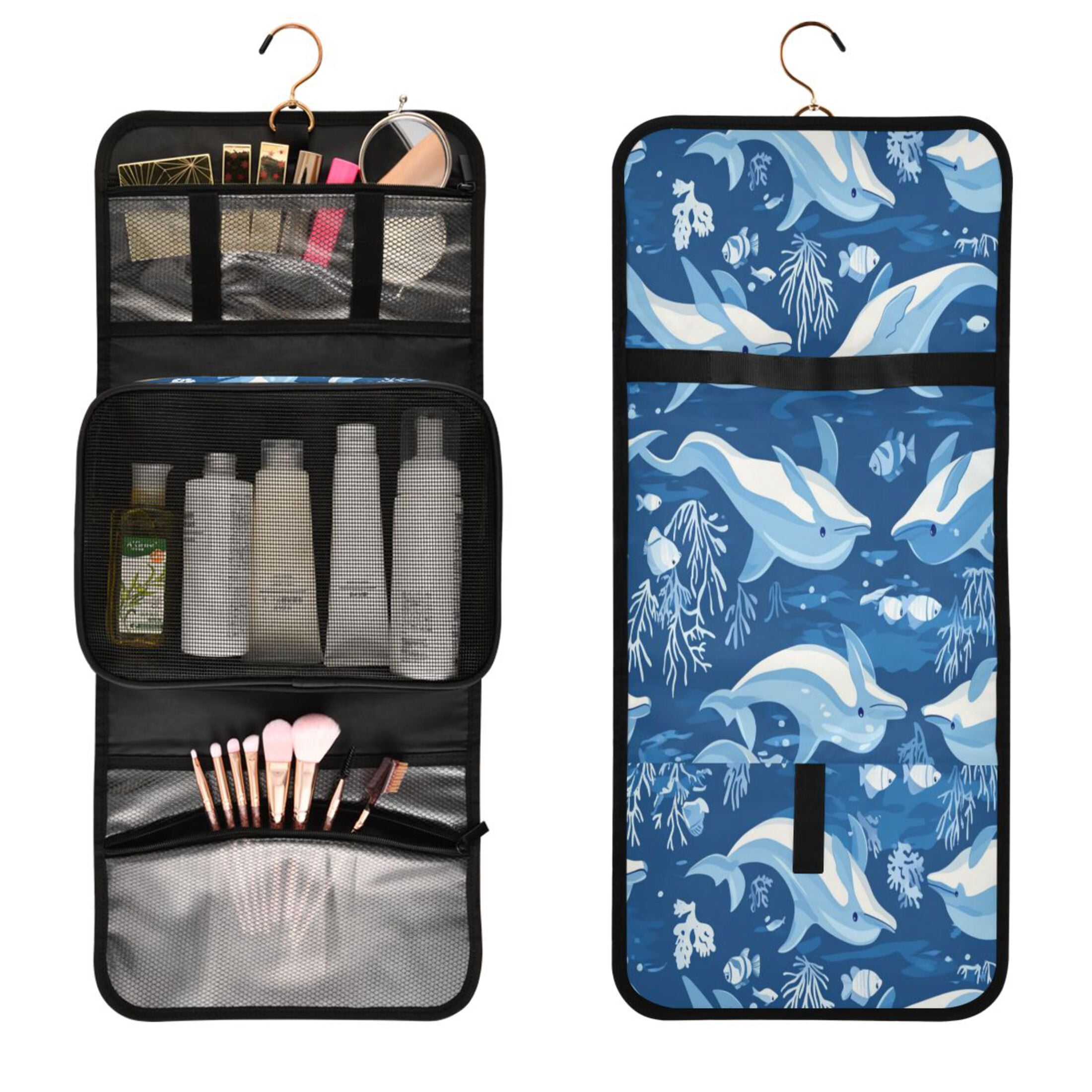 3-Piece Travel Toiletry Bag Set, Hanging Wash Bag with Makeup Bag & Brush Case,Waterproof Cosmetic Organizer for Travel, Gym & Home Playful Dolphins