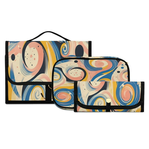 3-Piece Travel Toiletry Set with Cosmetic & Brush Organizer Water-resistant Travel Makeup Bag with Hanging Hook Toiletry Bag for Hotel Trips Blue and Yellow Swirls