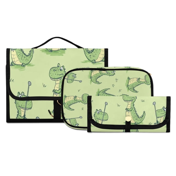 3-Piece Travel Toiletry Set with Cosmetic & Brush Organizer Water-resistant Travel Makeup Bag with Hanging Hook Toiletry Bag for Hotel Trips Cartoon Alligators Playing Golf