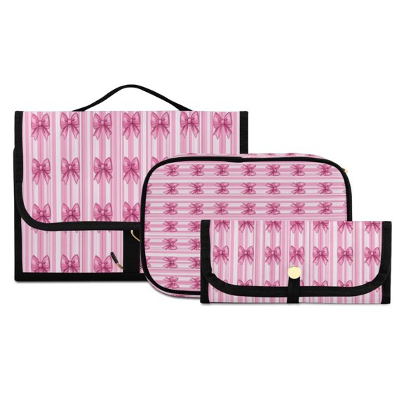 3-Piece Travel Toiletry Set with Cosmetic & Brush Organizer Water-resistant Travel Makeup Bag with Hanging Hook Toiletry Bag for Hotel Trips Pink Bows