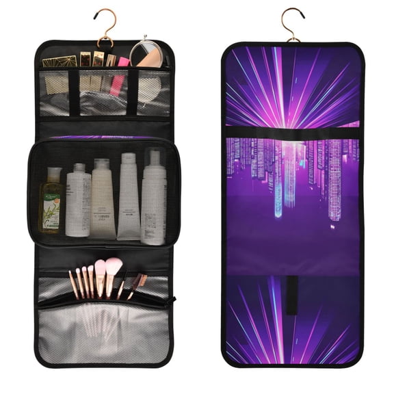 3-Piece Travel Toiletry Set with Cosmetic & Brush Organizer Water-resistant Travel Makeup Bag with Hanging Hook Toiletry Bag for Hotel Trips Purple City Skyline