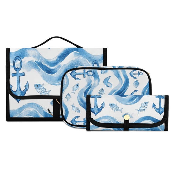 3-Piece Travel Toiletry Set with Cosmetic & Brush Organizer Water-resistant Travel Makeup Bag with Hanging Hook Toiletry Bag for Hotel Trips Wave Lines with Fish