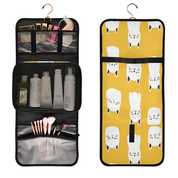 3-Piece Travel Toiletry Set with Cosmetic & Brush Organizer Water-resistant Travel Makeup Bag with Hanging Hook Toiletry Bag for Hotel Trips White Cat with Yellow Background