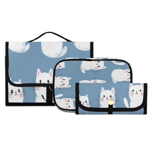 3-Piece Travel Toiletry Set with Cosmetic & Brush Organizer Water-resistant Travel Makeup Bag with Hanging Hook Toiletry Bag for Hotel Trips White Cat
