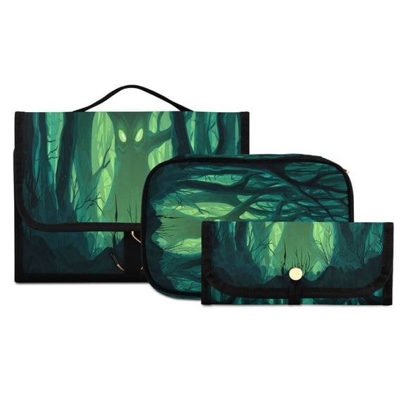 3-Piece Travel Toiletry Set with Hanging Bag Cosmetic Pouch & Brush Roll for Travel Gym Camping Dark Forest with Green Eyes