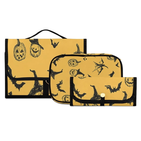 3-Piece Travel Toiletry Set with Hanging Bag Cosmetic Pouch & Brush Roll for Travel Gym Camping Halloween-themed Hand-drawn Pattern