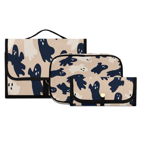 3-Piece Travel Toiletry Set with Hanging Bag Cosmetic Pouch & Brush Roll for Travel Gym Camping Navy and Cream Ghost