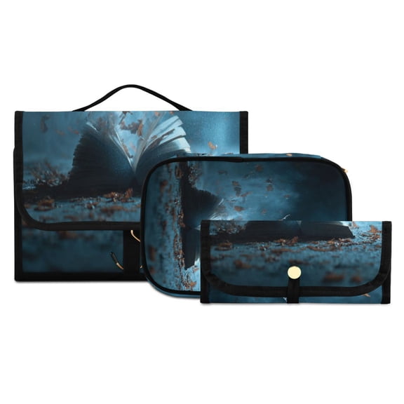 3-Piece Travel Toiletry Set with Hanging Bag Cosmetic Pouch & Brush Roll for Travel Gym Camping Opened Book Pages