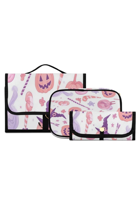 3-Piece Travel Toiletry Set with Hanging Bag Cosmetic Pouch & Brush Roll for Travel Gym Camping Pastel Pink Halloween Icons
