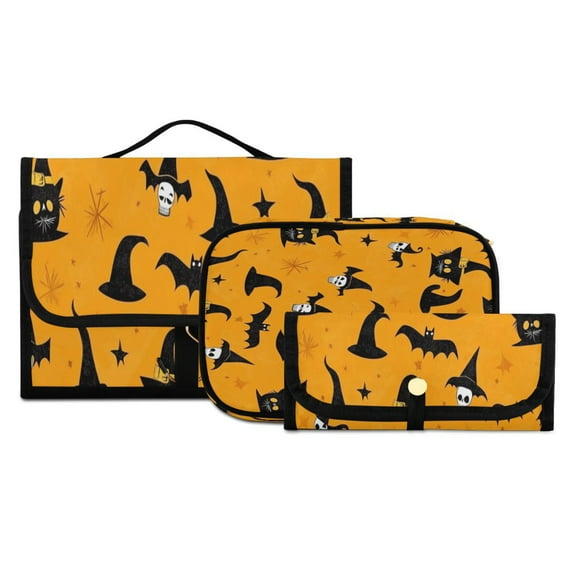 3-Piece Travel Toiletry Set with Hanging Bag Cosmetic Pouch & Brush Roll for Travel Gym Camping Pattern Of Cats Bats and Skulls