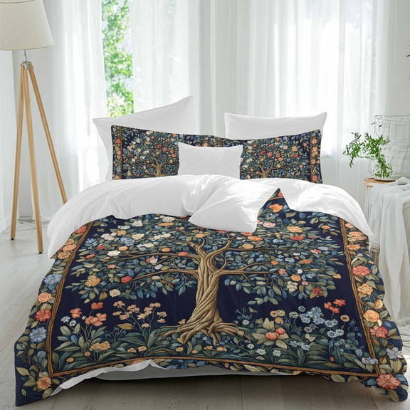 3 Piece Tree Floral Duvet Cover Set Twin Size, Microfiber Comforter/Quilt Cover with Corner Ties and 2 Pillowcases, Boho Vintage Country Botanical Patterns All Season Soft Bedding with Zipper Closure