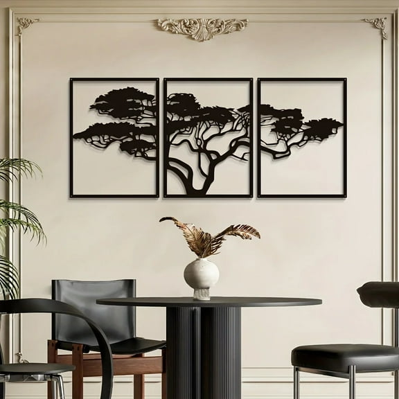 3-Piece Tree of Life Metal Wall Art Set - Elegant Black Bohemian Wall Decor for Living Room Farmhouse & Gothic Home Aesthetic Halloween - Perfect for Bathroom Kitchen House Wall Decor