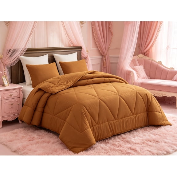 3-Piece Triangle Quilted Microfiber Comforter Set - Soft Washed Lightweight Geometric Bedding, Full, Spice