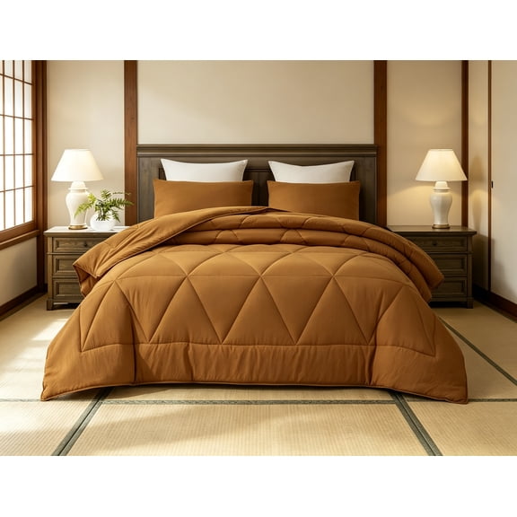 3-Piece Triangle Quilted Microfiber Comforter Set - Soft Washed Lightweight Geometric Bedding, King, Spice