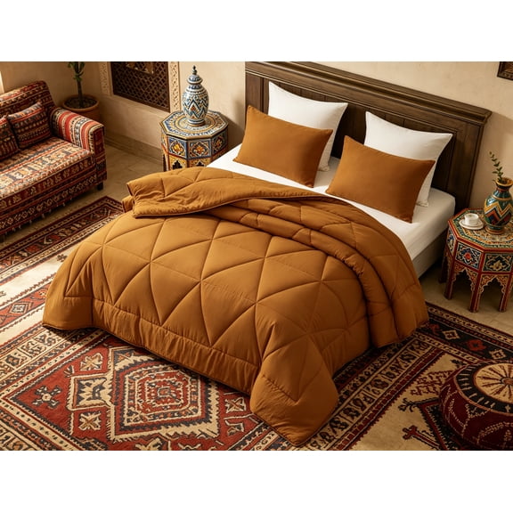 3-Piece Triangle Quilted Microfiber Comforter Set - Soft Washed Lightweight Geometric Bedding, Queen, Spice