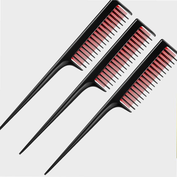 3 Piece Triple Teasing Comb, Rat Tail Combs for Women, Tool Structure Tease Layers Rattail Comb, Rat Tail Comb for Back Combing Root Teasing, Adding Volume, Evening Styling (Black and Red)