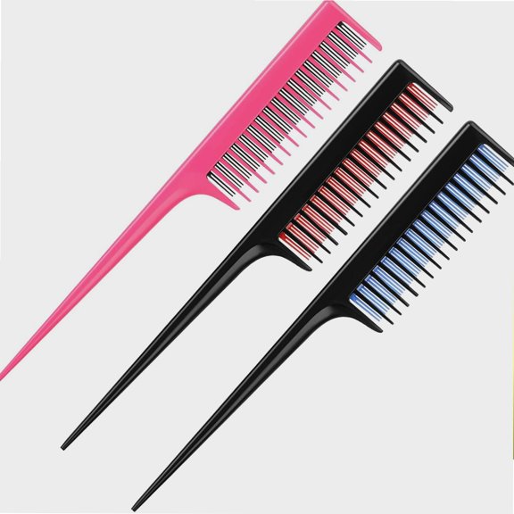 3 Piece Triple Teasing Comb Rat Tail Tool and Structure Tease Layers Rattail for Women Back Combing Root Adding Volume Evening Styling (Black Red, Black Blue, Pink Black)