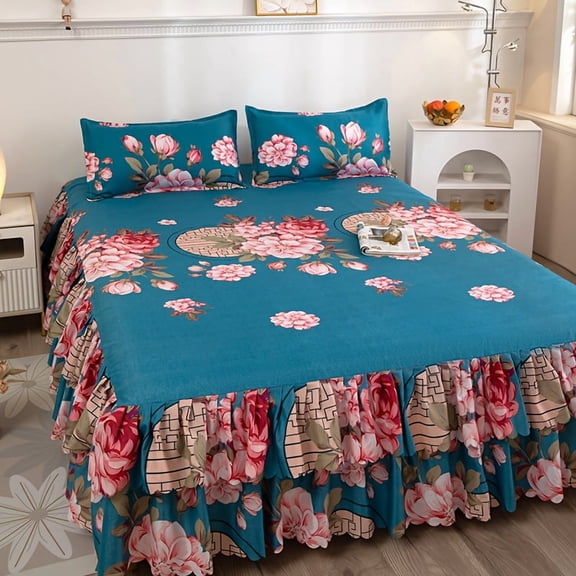 3-Piece Tropical Floral Bed Skirt Set, Elegant Purple Ruffle Design with Non-Slip Lace, Includes 1 Skirt & 2 Pillowcases, All-Season Polyester Bedding