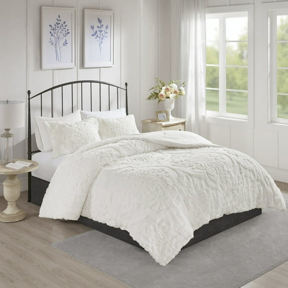 3 Piece Tufted Cotton Chenille Damask Comforter Set Off-White Full/Queen