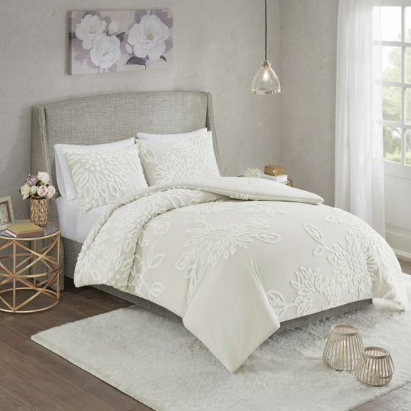 3 Piece Tufted Cotton Chenille Floral Comforter Set Off-White Full/Queen