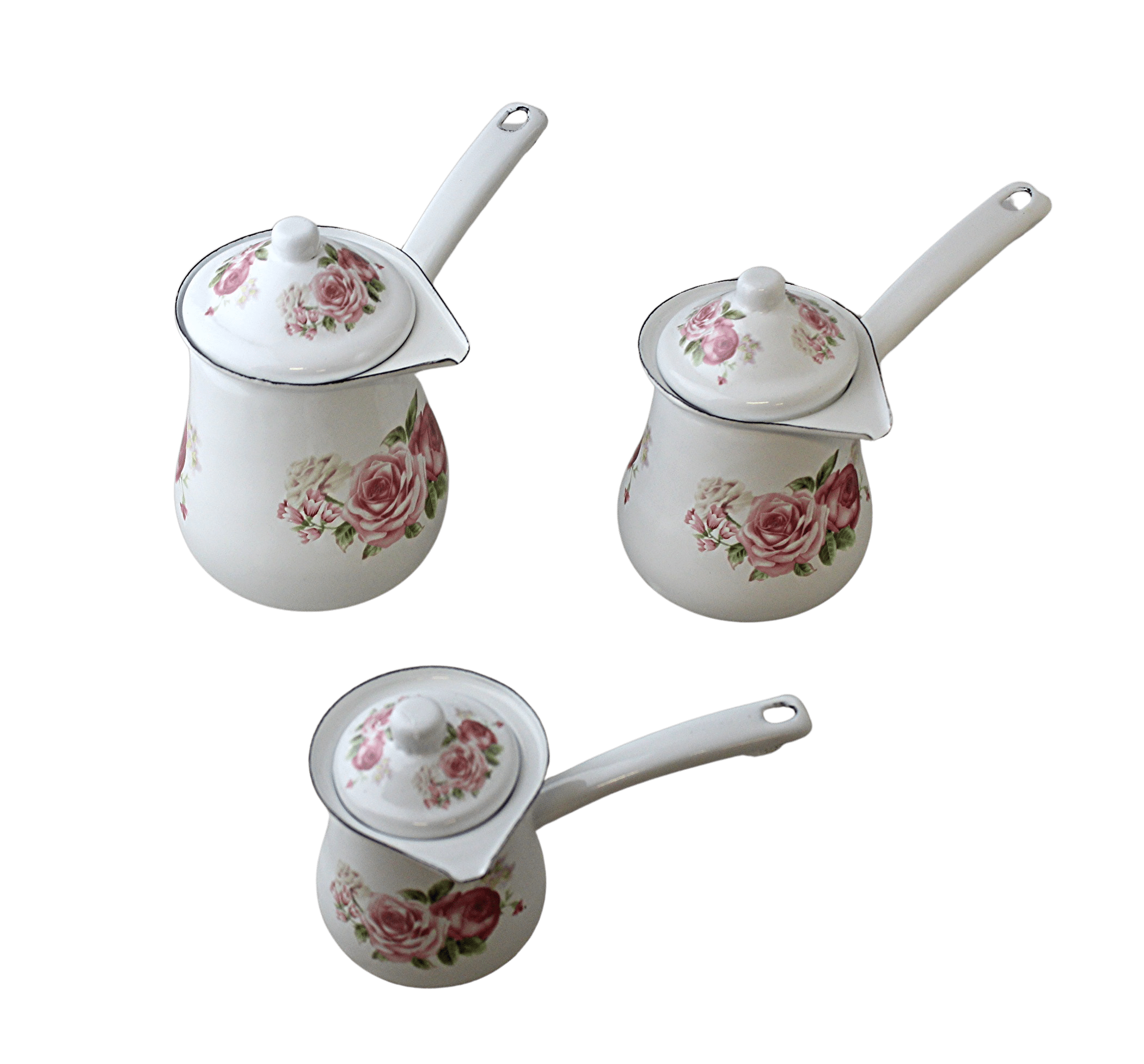 3Piece Turkish Coffee Pot Set with Covers Enamel Design, Ideal for
