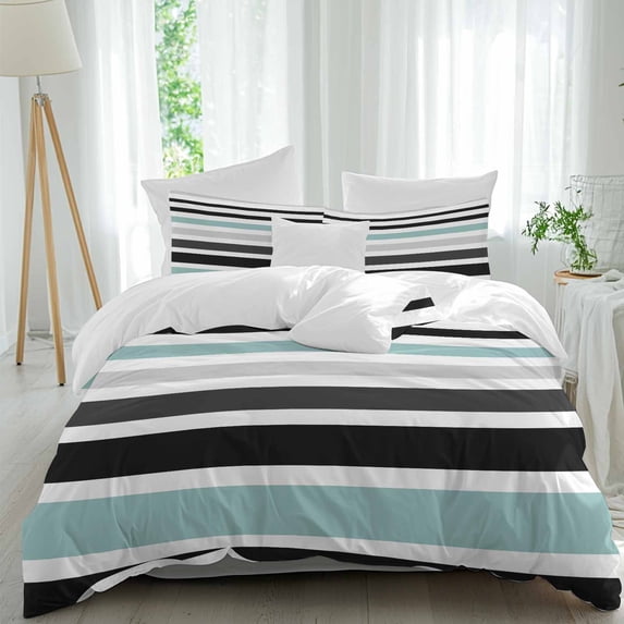 3 Piece Turquoise Black Stripe Duvet Cover Set Queen Size,Microfiber Comforter/Quilt Cover with Corner Ties and 2 Pillowcases,Modern Abstract Coarse Striped All Season Bedding with Zipper Closure