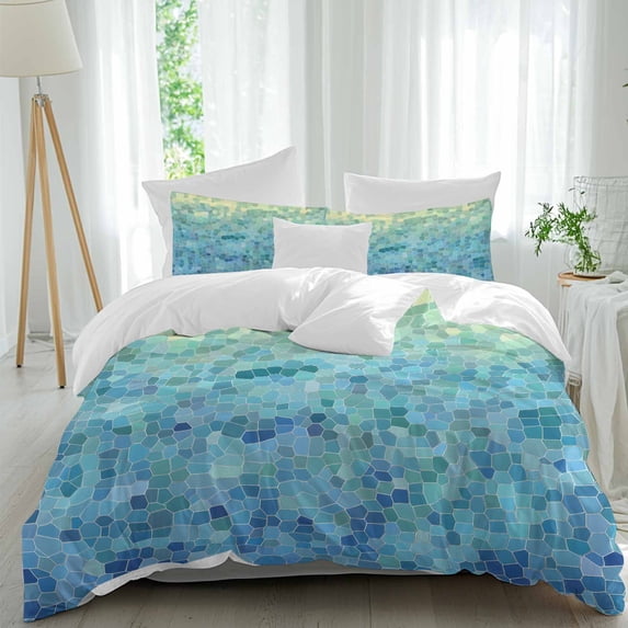 3 Piece Turquoise Blue Teal Duvet Cover Set Full Size,Microfiber Comforter/Quilt Cover with Corner Ties and 2 Pillowcases,Chic Stained Glass Texture Aesthetic All Season Bedding with Zipper Closure