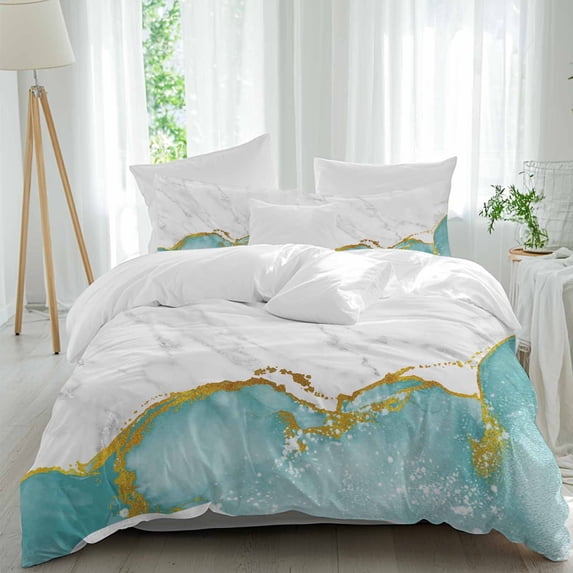 3 Piece Turquoise Gold Marble Duvet Cover Set California King,Microfiber Comforter/Quilt Cover with Corner Ties and 2 Pillowcases,Modern Abstract Marble Crack Texture Soft Bedding with Zipper Closure