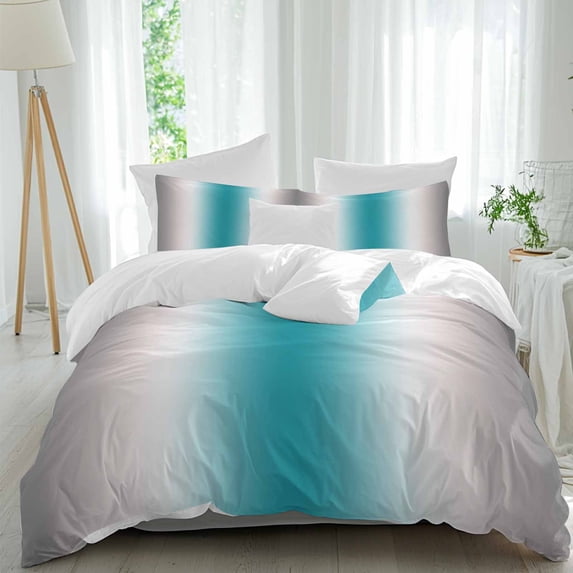 3 Piece Turquoise Gray Ombre Duvet Cover Set Full Size,Microfiber Comforter/Quilt Cover with Corner Ties and 2 Pillowcases,Farmhouse Teal Gradient Modern Art All Season Bedding with Zipper Closure