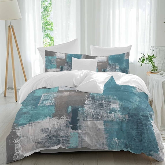 3 Piece Turquoise Grey Duvet Cover Set Twin Size,Microfiber Comforter/Quilt Cover with Corner Ties and 2 Pillowcases,Abstract Square Graffiti Modern Smear All Season Soft Bedding with Zipper Closure