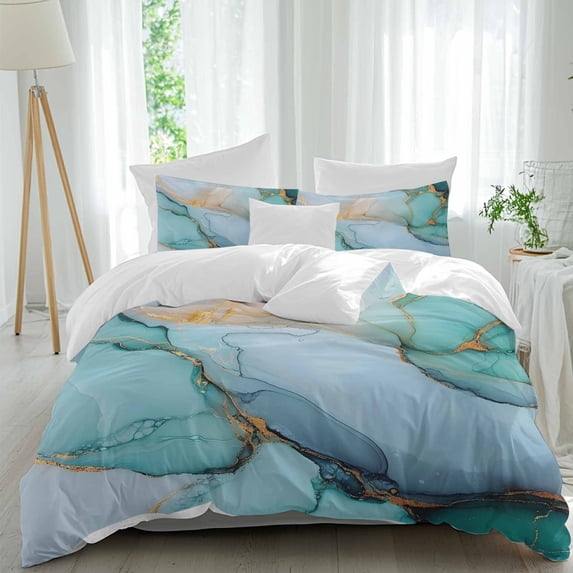 3 Piece Turquoise Marble Duvet Cover Set California King,Microfiber Comforter/Quilt Cover with Corner Ties and 2 Pillowcases,Farmhouse Abstract Ombre Texture All Season Bedding with Zipper Closure