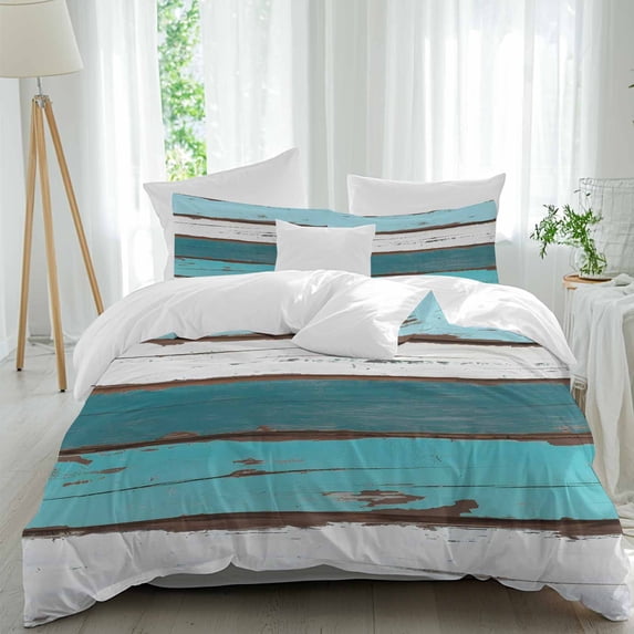 3 Piece Turquoise Teal Duvet Cover Set Queen Size, Microfiber Comforter/Quilt Cover with Corner Ties and 2 Pillowcases, Farmhouse Retro Ombre Wooden Grain All Season Soft Bedding with Zipper Closure