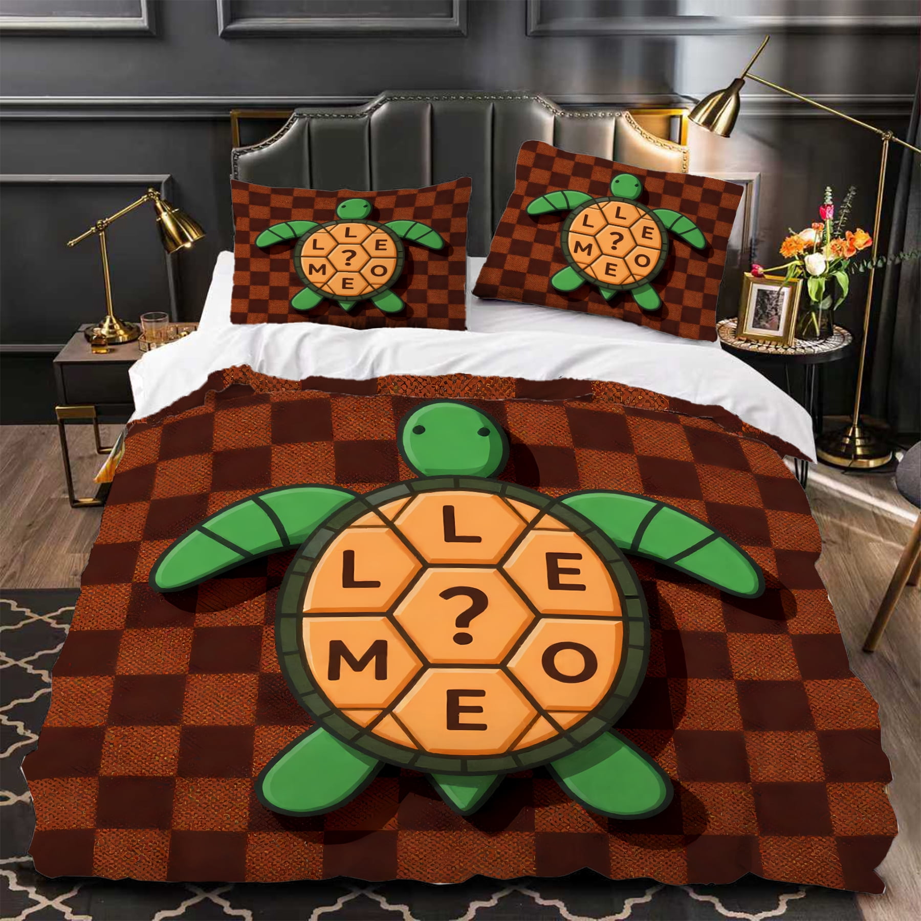 3-Piece Turtle Duvet Cover Set Brown & Orange Checkered Design with ...