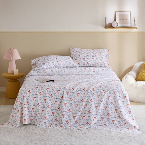 3-Piece Twin 100% Cotton Flannel Pigment Printed Sheet Set,Happy Bows
