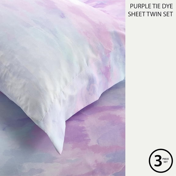 3-Piece Twin Bed Sheet Set, Purple Watercolor Tie-Dye Design, Includes Fitted Sheet, Flat Sheet and Pillowcase, Soft Microfiber Bedding, for Girls and Teens