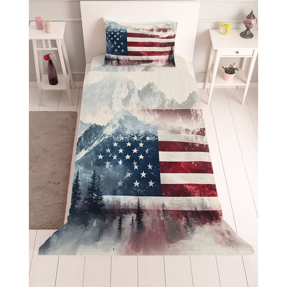 3 Piece Twin Sheet Set 4th of July Sheets Set for Twin Size Bed, Breathable Soft Microfiber Bed Sheets Cooling Forest Independence Day USA Flag Fitted Sheet Deep Pocket, Pillowcases
