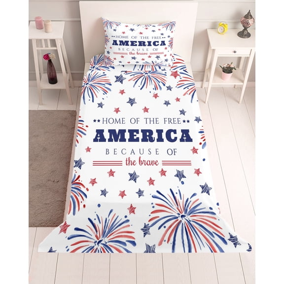 3 Piece Twin Sheet Set 4th of July Sheets Set for Twin Size Bed, Breathable Soft Microfiber Bed Sheets Cooling Independence Day Blue Red Star Fireworks Fitted Sheet Deep Pocket, Pillowcases