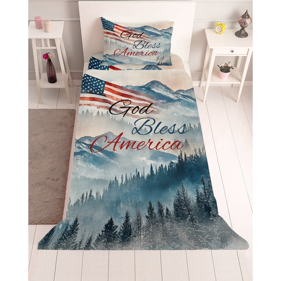 3 Piece Twin Sheet Set American Flag Sheets Set for Twin Size Bed, Breathable Soft Microfiber Bed Sheets Cooling 4th of July Independence Day Forest Rustic Fitted Sheet Deep Pocket, Pillowcases