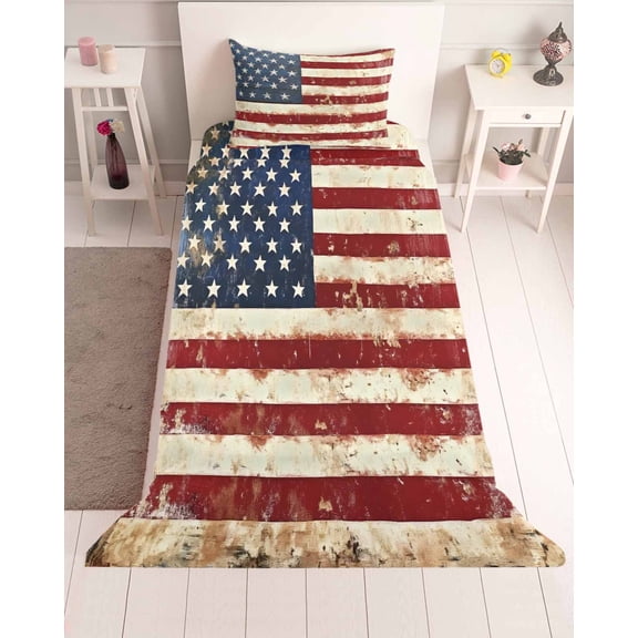 3 Piece Twin Sheet Set American Flag Sheets Set for Twin Size Bed, Breathable Soft Microfiber Bed Sheets Cooling Vintage Blue Red USA Flag Retro Fitted Sheet Deep Pocket, Pillowcases