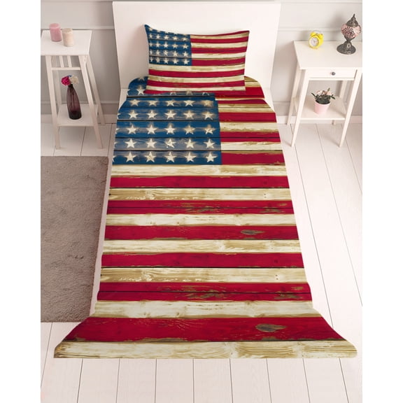 3 Piece Twin Sheet Set American Flag Vintage Sheets Set for Twin Size Bed, Breathable Soft Microfiber Bed Sheets Cooling Brown Red Stripes US Flag Fitted Sheet Deep Pocket, Pillowcases