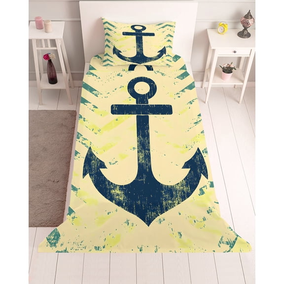 3 Piece Twin Sheet Set Anchor Nautical Sheets Set for Twin Size Bed, Breathable Soft Microfiber Bed Sheets Cooling Green Yellow Wave Stripe Retro Fitted Sheet Deep Pocket, Pillowcases