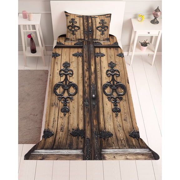 3 Piece Twin Sheet Set Barn Door Sheets Set for Twin Size Bed, Breathable Soft Microfiber Bed Sheets Cooling Farmhouse Wooden Grain Rustic Tribal Pattern Fitted Sheet Deep Pocket, Pillowcases