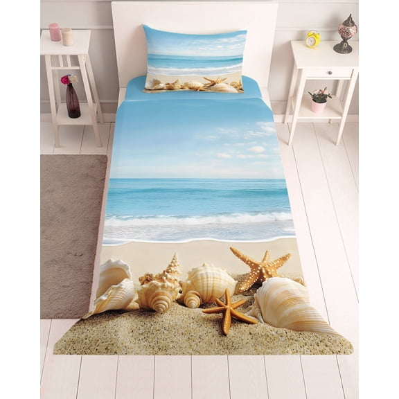 3 Piece Twin Sheet Set Beach Coastal Sheets Set for Twin Size Bed, Breathable Soft Microfiber Bed Sheets Cooling Summer Seaside Shell Starfish Nautical Fitted Sheet Deep Pocket, Pillowcases