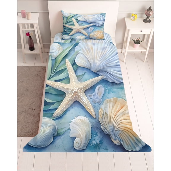 3 Piece Twin Sheet Set Beach Coastal Sheets Set for Twin Size Bed, Breathable Soft Microfiber Bed Sheets Cooling Summer Starfish Nautical Shell Blue Fitted Sheet Deep Pocket, Pillowcases