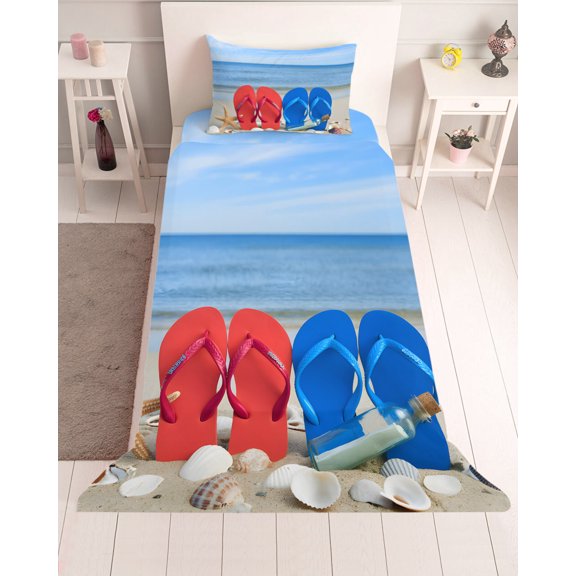 3 Piece Twin Sheet Set Beach Coastal Slippers Sheets Set for Twin Size Bed, Breathable Soft Microfiber Bed Sheets Cooling Ocean Starfish Shell Shoreline Fitted Sheet Deep Pocket, Pillowcases