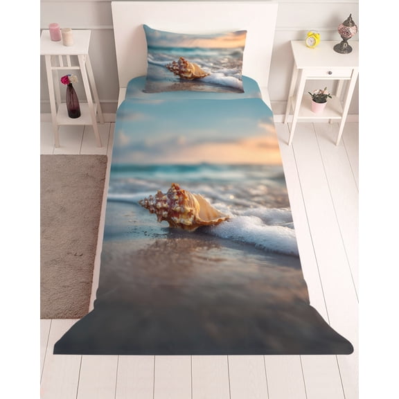 3 Piece Twin Sheet Set Beach Conch Sheets Set for Twin Size Bed, Breathable Soft Microfiber Bed Sheets Cooling Sunset Ocean Waves Seaside Sky Seashell Fitted Sheet Deep Pocket, Pillowcases