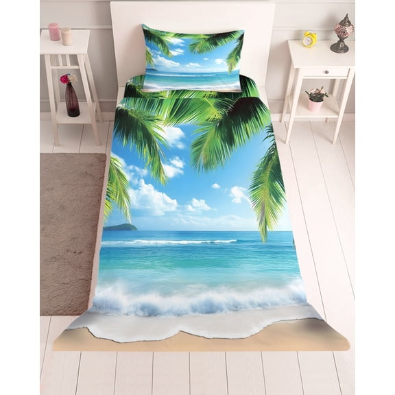 3 Piece Twin Sheet Set Beach Ocean Waves Sheets Set for Twin Size Bed, Breathable Soft Microfiber Bed Sheets Cooling Summer Tropical Palm Tree Leaves Fitted Sheet Deep Pocket, Pillowcases