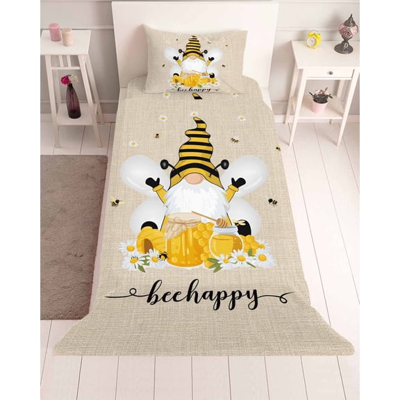 3 Piece Twin Sheet Set Bees Gnomes Sheets Set for Twin Size Bed, Breathable Soft Microfiber Bed Sheets Cooling Spring Floral Daisy Farmhouse Rustic Fitted Sheet Deep Pocket, Pillowcases