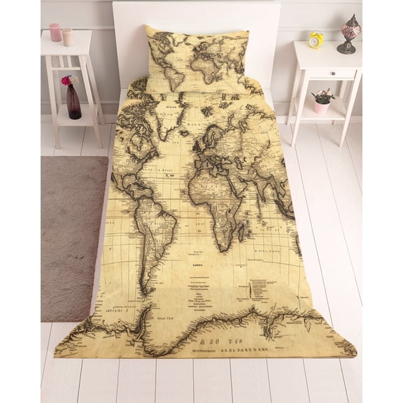 3 Piece Twin Sheet Set Beige Map Sheets Set for Twin Size Bed, Breathable Soft Microfiber Bed Sheets Cooling Retro Farmhouse Abstract Illustration Art Fitted Sheet Deep Pocket, Pillowcases